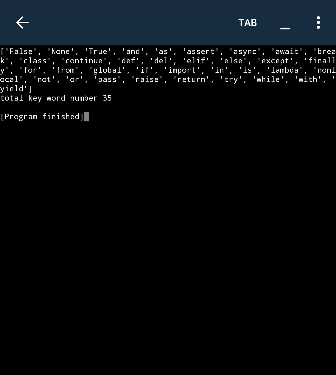 All 35 key word are listed by python code